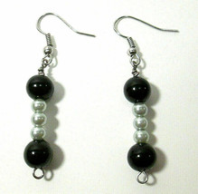 Estate Find Artisan Dangle Drop Earrings Black and Silver Faux Pearl Glass Beads - £11.59 GBP
