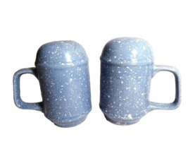 Farmhouse Salt Pepper Shakers White Blue Speckle Stoneware Handles Count... - $14.08
