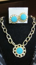 &quot;&quot;GOLD TONE LARGER CHAIN WITH TEAL PENDANT + MATCHING CLIP ON EARRINGS&quot;&quot;... - £6.99 GBP
