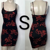 Y2k Black &amp; Red Dragons Design Soft Stretch Cami Mini Bodycon Dress~Size S  - £24.48 GBP