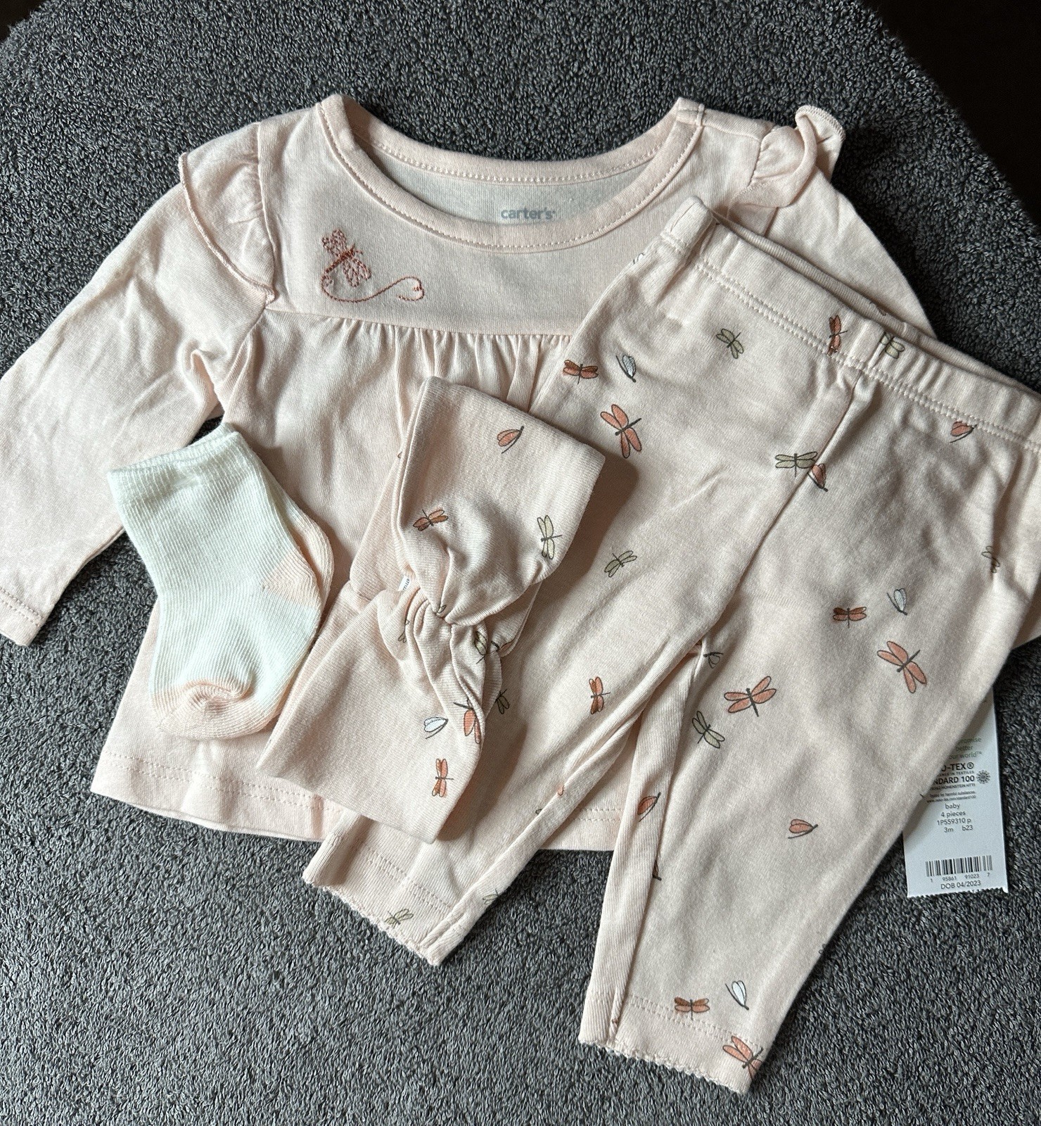 Carters Infant Baby Pink Dragonfly 4 Piece Outfit Set Size 3 Months - $16.82