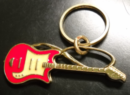 Guitar Key Chain Red and Cream Enamel Gold Colored Miniature Size Shoulder Strap - $8.99