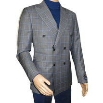 Men's Mono Double Breasted Blazer Super 180s Wool 1523-01 Gray Blue Plaid image 2