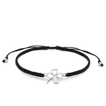 Lucky Four-Leaf Clover Sterling Silver Charm on Black Adjustable Bracelet - £10.89 GBP