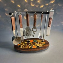 MCM Danish Bar Set Rosewood Stainless Steel Mosaic Stone Inlay Display Stand - $72.00