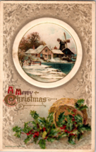 Vtg Postcard Winsch A Merry Christmas Holly Berry Wind Mill winter scene, c1910 - £5.32 GBP
