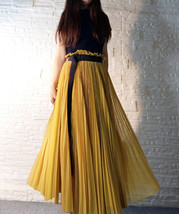Women Yellow Long Tulle Skirt Side Slit High Waisted Pleated Tulle Skirt Outfit image 2