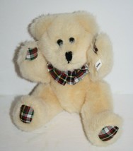 Teddy Bear Cream Plush Red Green Plaid Bow Pads 9&quot; Jointed Made for Gree... - $11.95