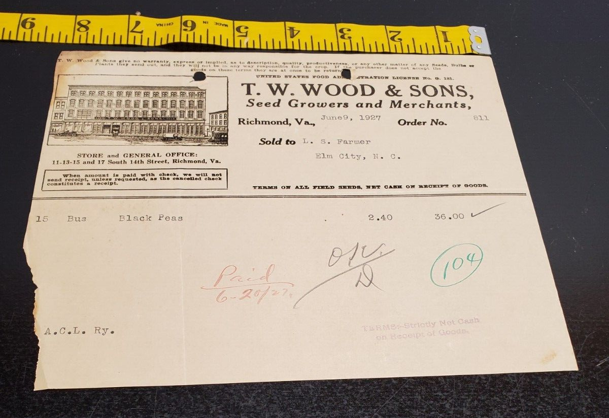 Primary image for June 9 1927 T.W. Wood & Sons, Seed Growers and Merchants Invoice - Richmond VA