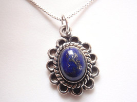 Small Lapis Lazuli 925 Sterling Silver Pendant Oval with Floral Accents - £6.46 GBP