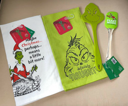 2 Dr. Seuss The Grinch Dish Towels 19 x 25 &amp; Spatula &amp; Spreader New Holiday Fun! - £31.60 GBP