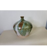 Studio Pottery Vase Signed Heavy Greens and Browns 5 x 5 Inches - £22.57 GBP