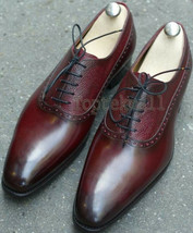 Handmade Men&#39;s Leather Lace Up Brogue Smart  Wingtip Oxfords Maroon shoes-665 - £192.88 GBP