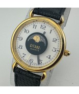 Vintage Gitano Quartz Watch Unisex Moon Phase Gold Tone Leather Band New Battery - $45.59