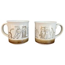 x2 Vintage Ceramic Cat Coffee Mug Cartoon Sketch Blue and Brown Tabby Ki... - £23.32 GBP