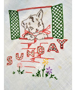 Darling Vintage Kitten Graphic &quot;Sunday&quot; Hand Embroider Flour Sack Kitche... - £15.92 GBP
