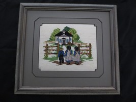 Framed &amp; Matted Amish Children Walking To School Cross Stitch - 12.5&quot; X 11.5&quot; - £22.81 GBP