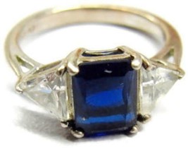 sz 7 Ring Simulated Cubic Zirconia Blue Faceted Woman Girls Sterling Silver 925 - £54.29 GBP