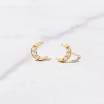 Simulated Diamond Crescent Moon Mini Stud Earrings 14k Yellow Gold Plated Silver - £18.29 GBP