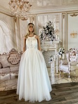 Lace Appliques Bodice A-Line No Train Ivory Bridal Wedding Gown US Size 8 - £210.39 GBP