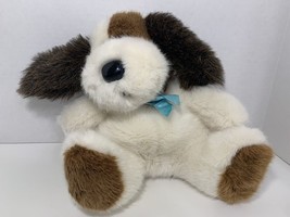 Dakin 1991 vintage plush puppy dog white brown spotted blue ribbon bow - £7.90 GBP