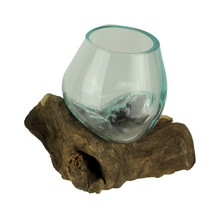 Zeckos Molten Glass On Teak Driftwood Decorative Bowl Vase Terrarium Planter - £31.74 GBP