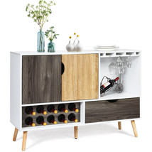 Mid-Century Buffet Sideboard Wooden Storage Cabinet w/ Wine Rack &amp; Glass Holder - £171.82 GBP