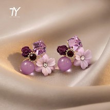 Noble Purple Crystal Flower Stud Earrings For Woman Korean Fashion Jewelry Weddi - £9.58 GBP