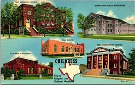 Vtg Linen Postcard Childress Texas TX Multiview Religious &amp; Cultural Facilities - £9.24 GBP