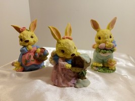 Set of 3 Miniature Bunny Rabbit Figurines Mom Dad Little Girl Easter Decor - £11.82 GBP