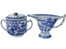 c1830 Chinese Blue and White Porcelain Canton Helmet creamer and Sugar bowl - $326.70