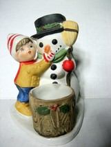 Vintage JASCO Luvkin Friends Porcelain Snowman Boy Figurine Candle Holder 4.5" - $9.49