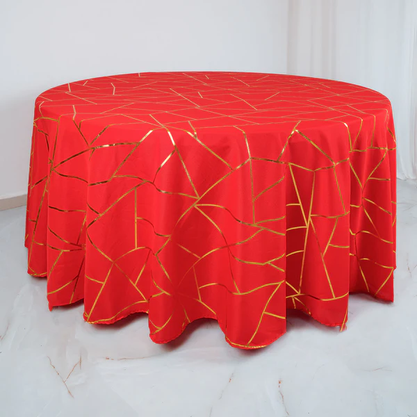 Red - 120&quot; Round Polyester Tablecloth With Gold Foil Geometric Pattern - £39.96 GBP
