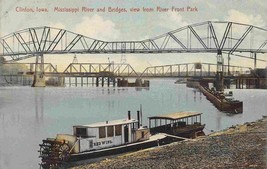 Paddle Steamer Launch Mississippi River Bridges Clinton Iowa 1912 postcard - £5.88 GBP