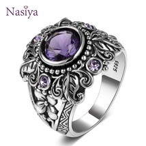  3ct amethyst 925 sterling silver ring round cut purple nature stone women wedding anel thumb200