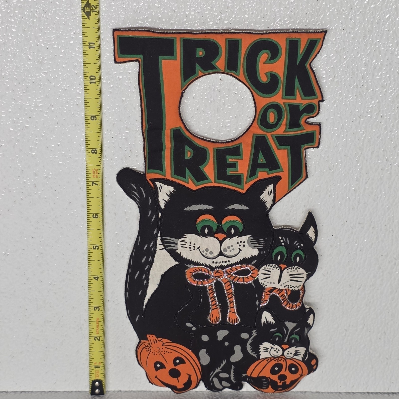 Vintage Halloween Black Cat And Pumpkin TRICK OR TREAT Fabric Door Knob Hanger Item image 6