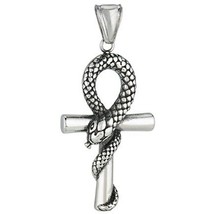Snake Ankh Necklace Silver Stainless Steel Ancient Egyptian Serpent Aunk Pendant - £14.37 GBP
