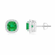 Natural Emerald Cushion Stud Earrings with Diamond in 14K Gold (AAA, 5MM) - £1,565.75 GBP