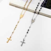 3mm Oval Bead Rosary Cross Pendant Necklace Stainless Steel Center Christian Cat - £13.40 GBP