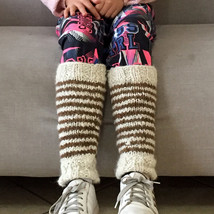 Alpaca Legwarmers - Kids&#39; Soft Warm Hand Knit Striped White Alpaca Wool Leggings - £26.06 GBP