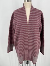 WoolOvers Open Front Cardigan Sz L Mauve Pink Gray Striped Lambswool Swe... - £28.13 GBP