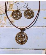 Viking set Bronze jewelry set necklace earrings Bohemian set leather bro... - $52.00