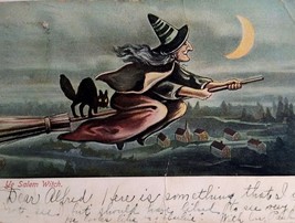 Halloween Postcard Salem Witch Black Cat Village Below Flight Crescent Moon 1907 - £67.61 GBP