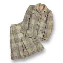 Vintage 80s Woven Wool Tweed Plaid Jacket Top Skirt Barbara Blake Junior... - £58.39 GBP