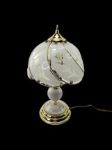 Vintage Floral Touch Lamp White Floral Glass Panel Polished Brass Base 3 Way 15&quot; - £47.27 GBP