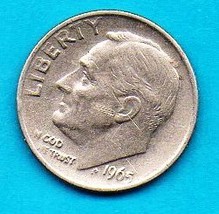 1965 Roosevelt Dime - Circulated - Modest wear - About XF - £0.07 GBP