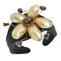 Golden Pearlized Shell&Pearls Floral Style Leather Cuff - $14.25