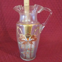 Victorian Hand Painted Gold Floral on Frosted Blown Glass 11&quot; Pitcher Ru... - $17.09