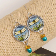 Round Shape Dragonfly Pattern Earrings with Blue Faux Pearl Silver Plated ! - £11.74 GBP