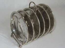Set of 6 Vintage Silverplate Drink Coasters Engraved w Holder Retro Caddy - $21.77